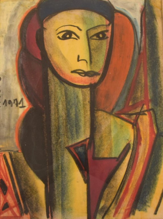 Dorlen Court. Mixed media på papir. Kubistisk kvindeportræt. Dateret 1971.