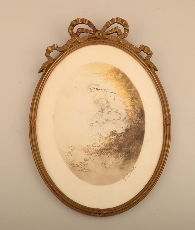 Jean Hardy (b. 1880), France. Lithography on paper. Young woman. Beautiful oval gold frame with bow ribbon. 1930s.