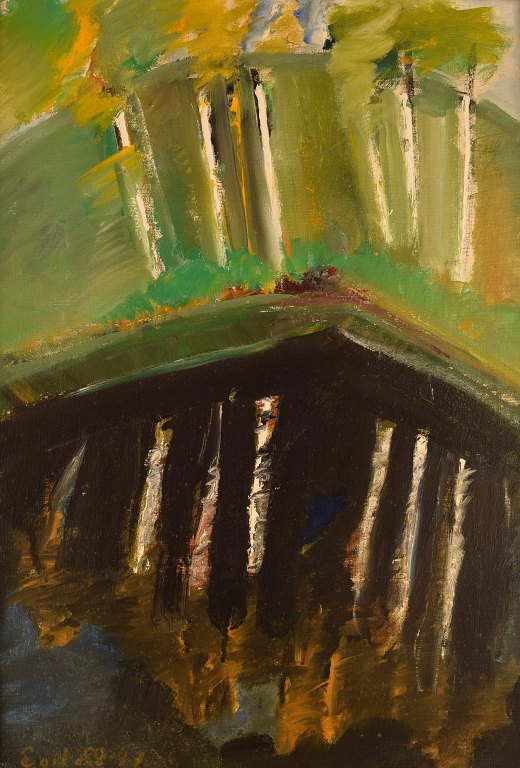 Egil Carlsson (b. 1920), Sweden. Oil on canvas. Modernist park landscape. Dated 1977.