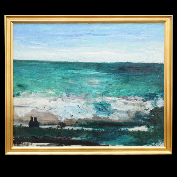 Jens Søndergaard maleri. Jens Søndergaard, 1895-1957, olie på lærred. Havbillede med personer. Dateret 1951. Lysmål: 98x120cm. Med ramme: 110x132cm