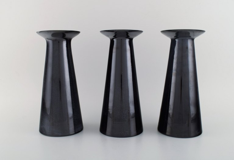 Stölzle-Oberglas, Austria. Three Beatrice and Nora vases in black art glass. White interior. 1980s.
