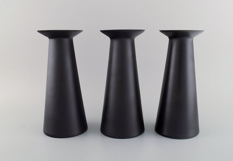 Stölzle-Oberglas, Austria. Three Beatrice and Nora vases in matte black art glass. White interior. 1980s.