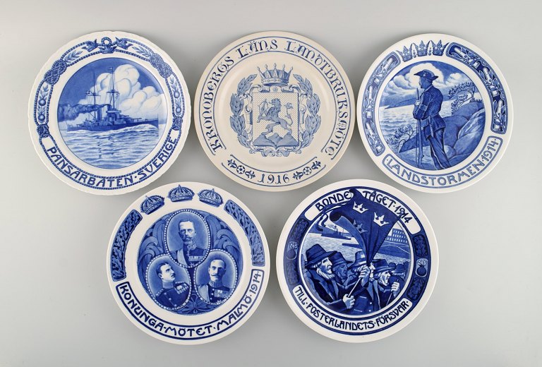 Five antique Rörstrand anniversary / memorial plates. Early 20th century.