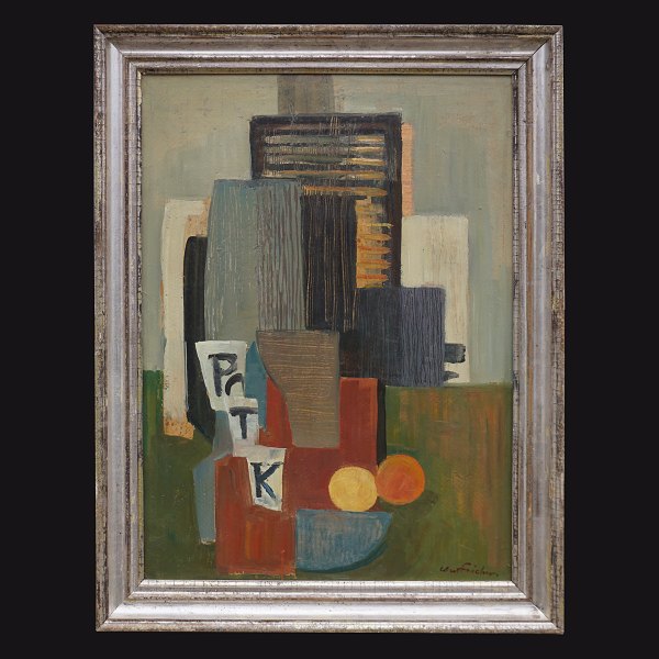 Carl Fischer, 1887-1962, olie på plade: Collage stilleben over frugter i skål, avis mm. Signeret. Lysmål: 57x42cm. Med ramme: 68x53cm