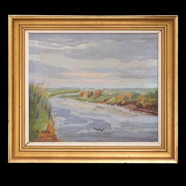 Johannes Larsen maleri. Johannes Larsen, 1867-1961, olie på lærred. Fugl i ålandskab. Signeret og dateret 1920. Lysmål: 43x51cm. Med ramme: 58x66cm