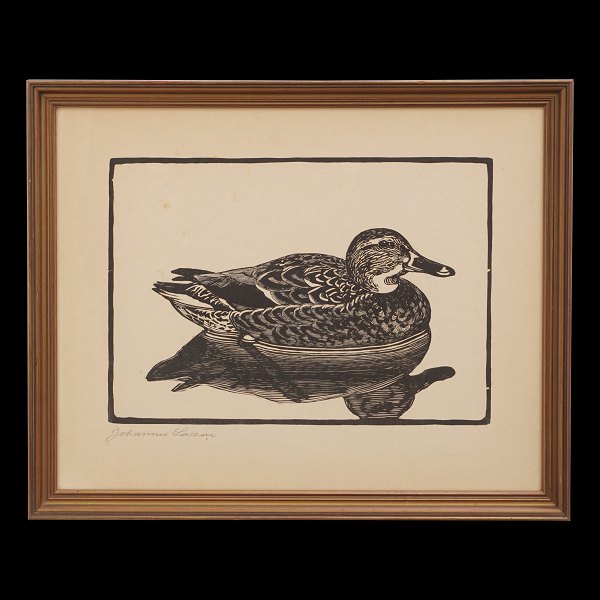 Johannes Larsen, 1867-1961, træsnit. Gråand. Signeret. Lysmål: 26x37cm. Med ramme: 42x51cm