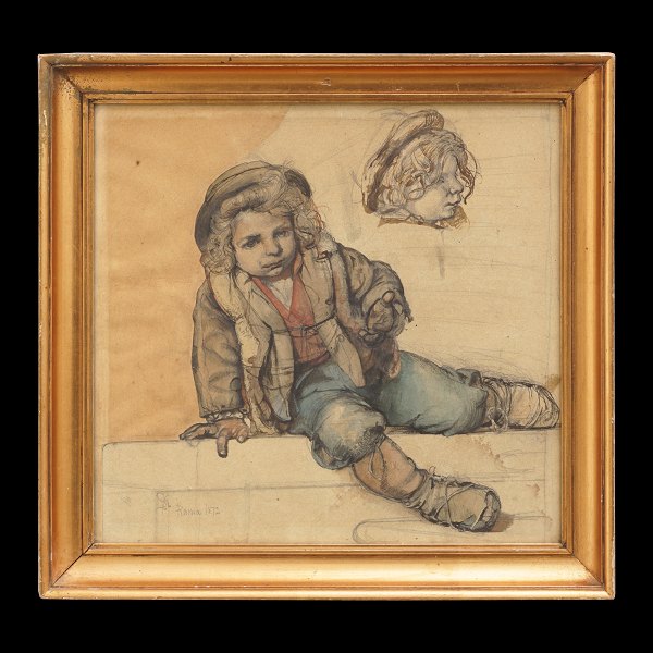 Pietro Krohn, 1840-1905, drawing. Signed and dated "Roma 1872". Visible size: 32x33cm. With frame: 39x40cm