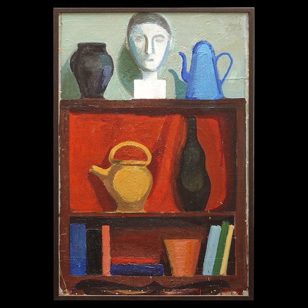 Herman Stilling, 1925-96, olie på plade. Komposition med bl.a. kander og buste. Signeret på bagside. Lysmål: 121x76cm. Med ramme: 125x80cm
