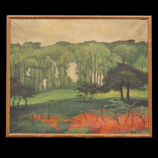 Olaf Ripcke-Edsberg, 1879-1946, olie på lærred. Skovparti. Signeret og dateret 1915. Lysmål: 76x91cm. Med ramme: 81x96cm