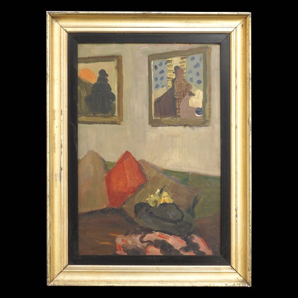 Carl Fischer, 1887-1962, olie på plade. Interiør. Lysmål: 48x33cm. Med ramme: 61x46cm