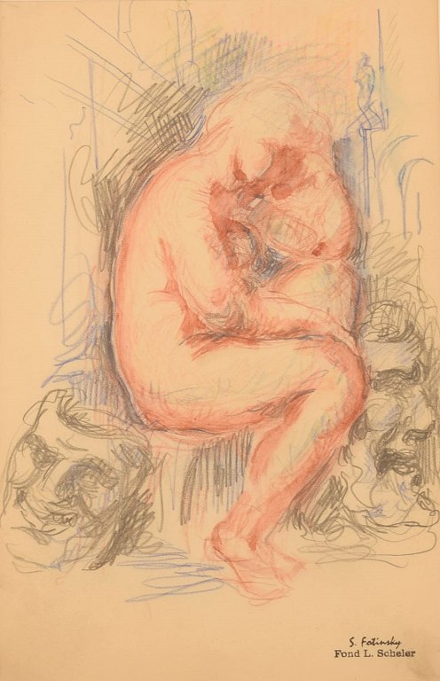 Sergey Fatinsky (1887-1971), Russia. Lithographic print. Nude study with masks. Mid-20th century.