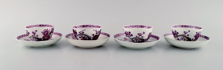 Four antique Meissen teacups with saucers in hand-painted porcelain. Purple flowers and gold decoration. Museum quality, approx. 1740.