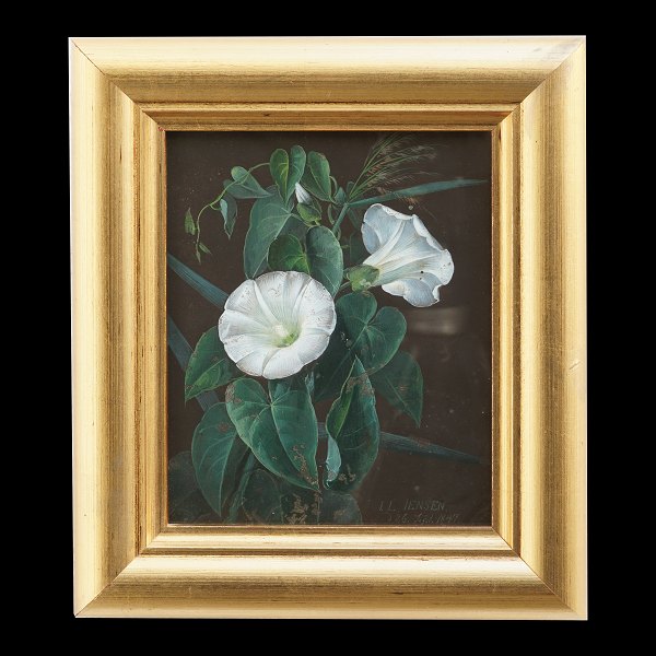 I. L. Jensen blomsterbillde. I. L. Jensen, 1800-56, gouache på papir. Motiv i form af snerler. Signeret "I. L. Jensen D. 26. Sept. 1847". Lysmål: 16,5x13,5cm. Med ramme: 25x22cm