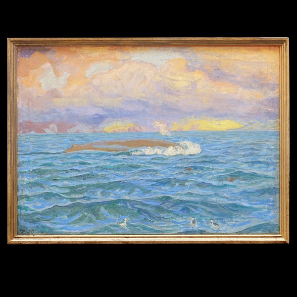 Johannes Larsen maleri. Johannes Larsen, 1867-1961, olie på lærred. Finhval med blåst efter endt neddykning og svømmende søpapegøjer ud for Islands kyst. Signeret med monogram og dateret 1930. Lysmål: 93x130cm. Med ramme: 102x139cm