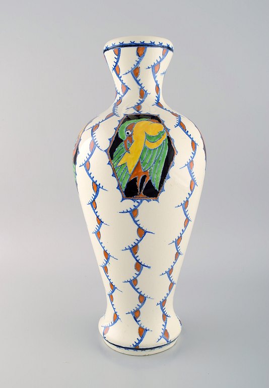 Boch Freres Keramis, Belgium. Large art deco vase in glazed ceramics with hand-painted birds. 1920s / 30s.