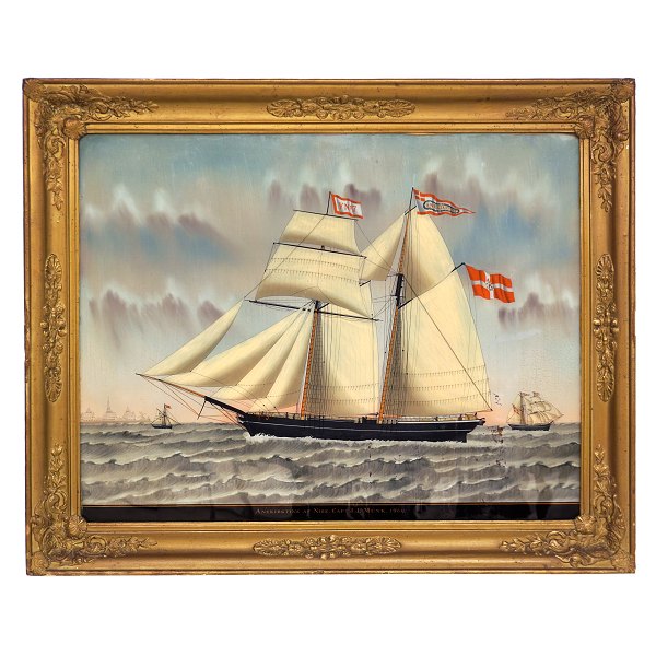C. L. Weyts, 1828-76, stil: hinterglasmaleri forestillende skibet "Anekirstine" af Nibe. Ført af kaptajn J J Munk 1860. Lysmål: 56x71cm. Med ramme: 71x87cm