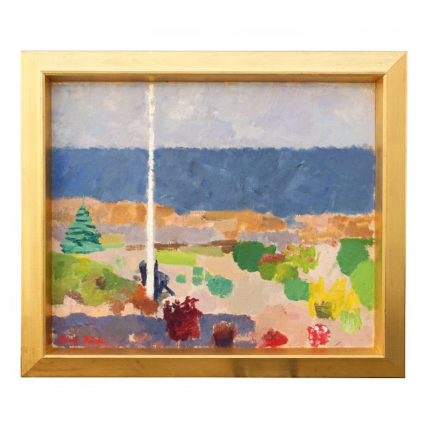 Olaf Rude maleri. Olaf Rude, 1886-1957, olie på lærred. Udsigt fra kunstnerens atelier i Gudhjem, Bornholm. Signeret Olaf Rude.Lysmål: 54x65cm. Med ramme: 67x78cm