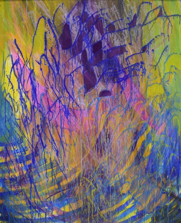 Ivy Lysdal, f 1937. Dansk keramiker og kunstmaler. Mixed media på karton. Stort abstrakt modernistisk maleri. Koloristisk palette. Sent 1900-tallet.