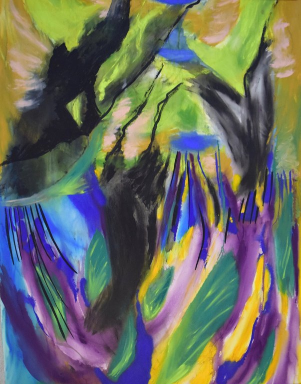 Ivy Lysdal, f 1937. Dansk keramiker og kunstmaler. Mixed media på karton. Stort abstrakt modernistisk maleri. Koloristisk palette. Sent 1900-tallet.