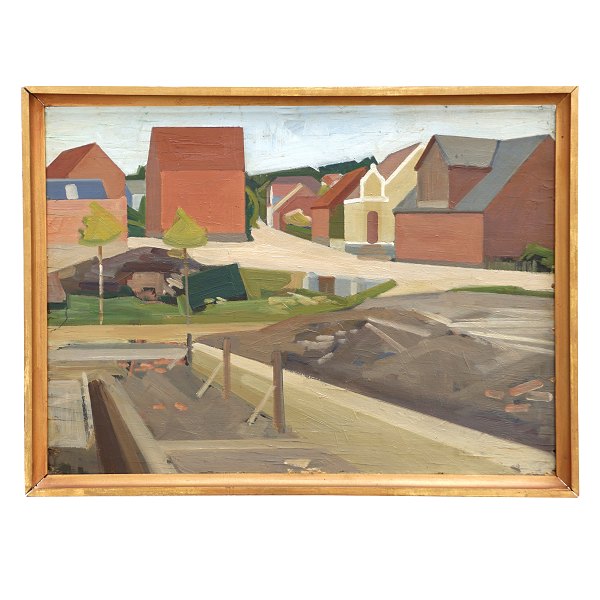 Erik Raadal maleri Gjern by. Erik Raadal, 1905-41, olie på plade. Parti fra Erik Raadals hjemegn Gjern by. Bagside betegnet "Erik Raadal Gadebillede fra Gjern". Lysmål: 44x61cm. Med ramme: 49x66cm