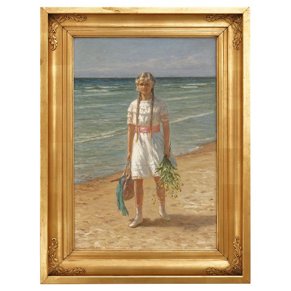 Maleri, N. F. Schiøttz-Jensen, Lønstrup. N. F. Schiøttz-Jensen, 1855-1941, olie på lærred. "Ung Pige paa Stranden". Udstillet på Charlottenborg Udstillingen foråret 1919. Signeret og dateret 1918.Lysmål: 64x42cm. Med ramme: 82x60cm