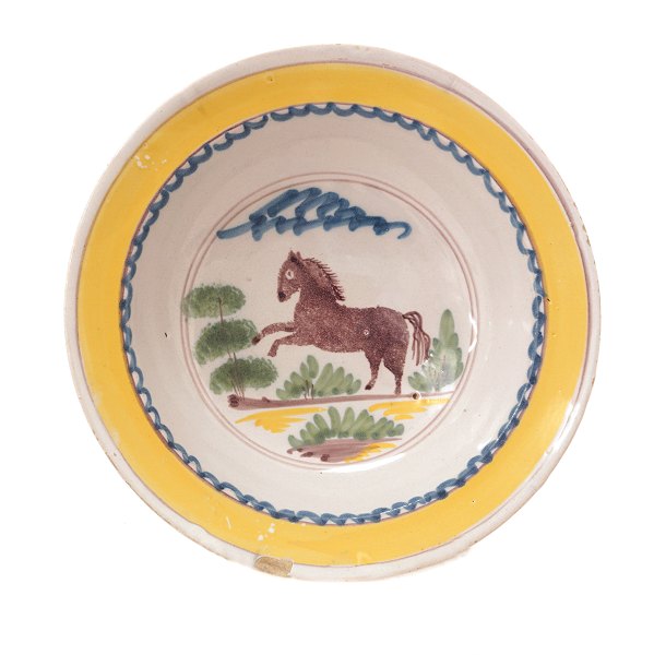 Kellinghusen tallerken med sjældent motiv i form af hest. Kellinghusen ca. år 1800. D: 22,5cm