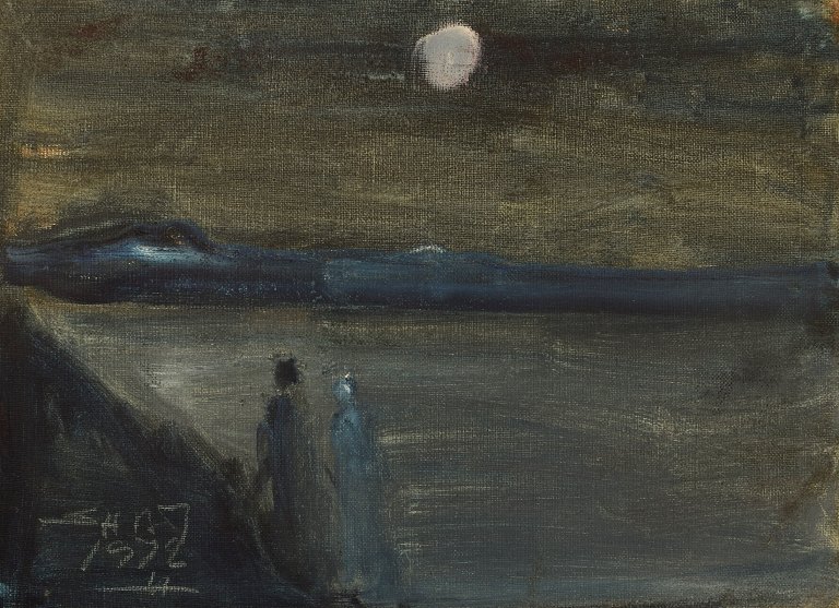 Svend Aage Tauscher (1911-1984), Danish artist. Oil on canvas. Modernist landscape with couple and moon in the background. Dated 1972.