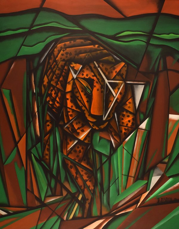 J.L. Gossmann, French artist. Oil on canvas. Panther in landscape. Cubist style. Dated 1992.