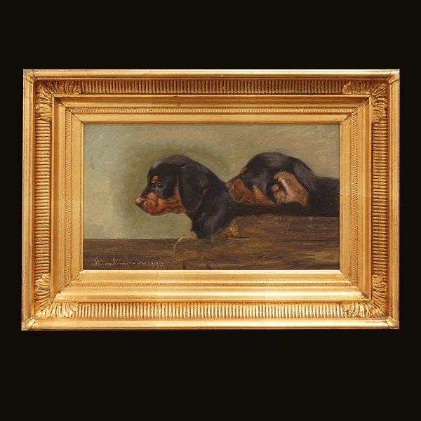 Simon Simonsen, 1841-1928, oil on board. Two dogs. Signed and dated 1893. Visible size: 19x32cm. With frame: 32x45cm