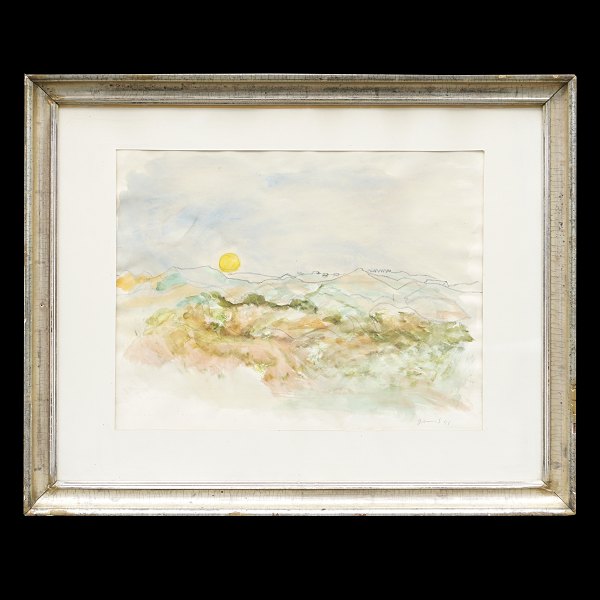 Jens Søndergaard, 1895-1957, watercolor. Landscape with sun. Signed and dated 1951. Visible size: 36x47cm. with frame: 57x70cm
