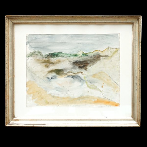 Jens Søndergaard akvarel. Jens Søndergaard, 1895-1957, akvarel. Landskab. Signeret og dateret 1949. Lysmål: 36x47cm. Med ramme: 55x67cm