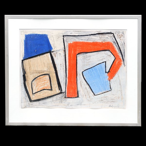 Robert Jacobsen abstrakt motiv. Robert Jacobsen, 1912-93. Oliekridt på kraftigt papir. Abstrakt komposition. Signeret. Lysmål: 50x65cm. Med ramme: 71x84cm