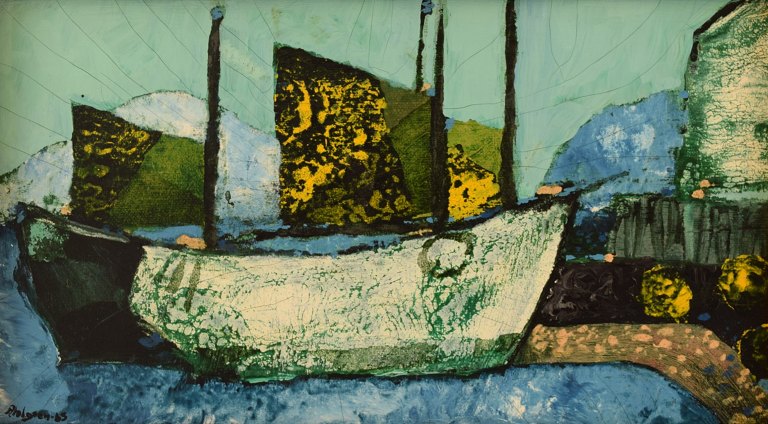 Sven Ahlgren (1922-1997), Sweden. Oil on board. Modernist landscape with fishing boat. Dated 1965.