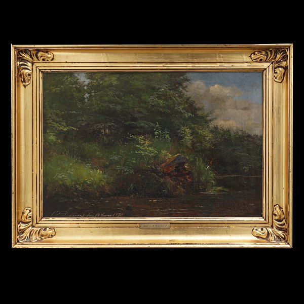 C. F. Aagaard maleri. C. F. Aagaard, 1833-95, olie på lærred.Skovparti med vandløb. Signeret C. F. Aagaard den 18. juni 1890. Lysmål: 33x49cm. Med ramme: 46x52cm