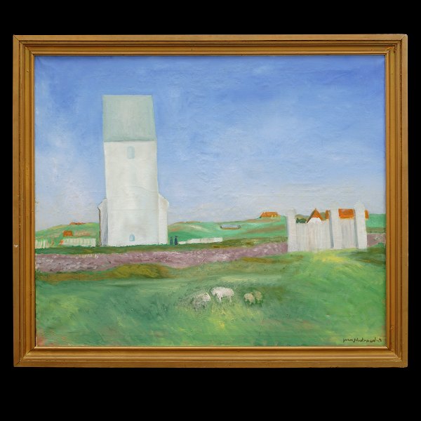 Jens Søndergaard, 1895-1957, oil on canvas. The church at Ferring. Signed and dated 1948. Visible size: 109x129cm. with frame: 124x144cm