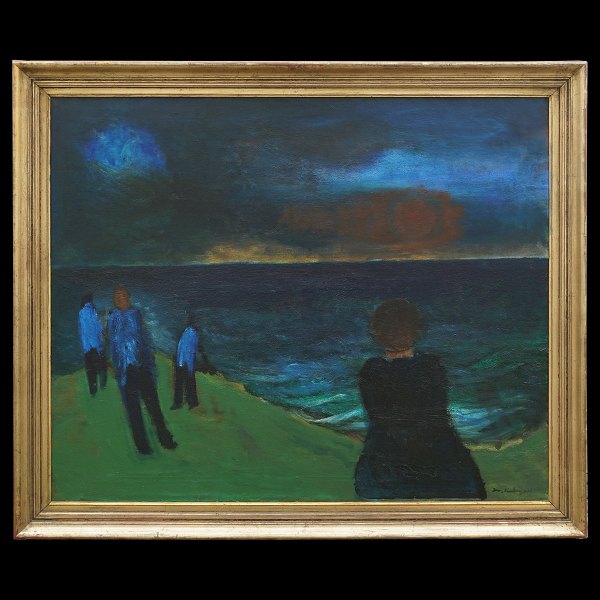Jens Søndergard maleri. Jens Søndergaard, 1895-1957, olie på lærred: "Aften ved Havet". Signeret og dateret. Lysmål: 100x120cm. Med ramme: 116x136cm