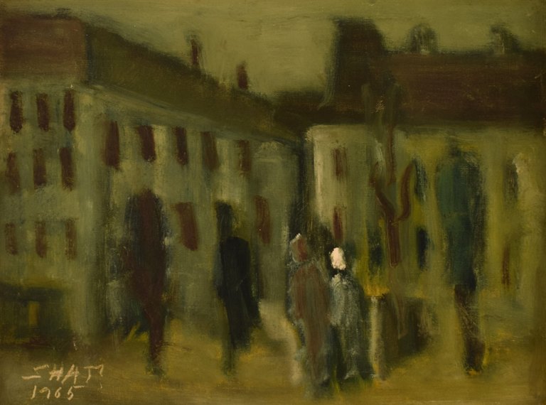 Svend Aage Tauscher (1911-1984), Dansk kunstner. Olie på lærred. Modernistisk bymotiv. Dateret 1965.
