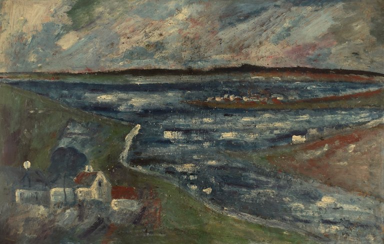 Svend Aage Tauscher (1911-1984), Danish artist. Oil on canvas. Modernist landscape. Mid-20th century.