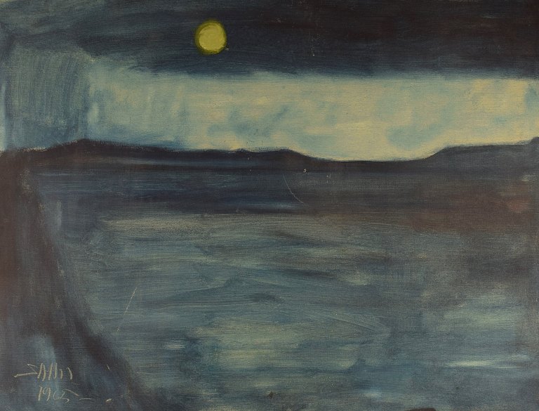Svend Aage Tauscher (1911-1984), Danish artist. Oil on canvas. Modernist landscape with moon in the sky. Dated 1965.