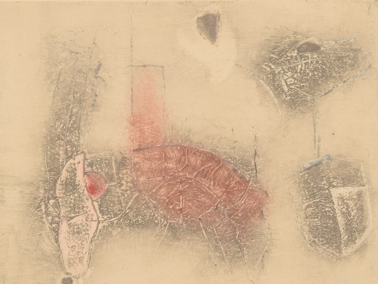 Selma Daffre (f. 1951), brasiliansk kunstner. Collografi på papir. "Linhas". Nummereret 4/9. Dateret 1997.