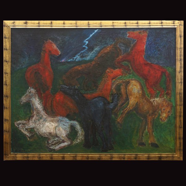 Jens Søndergaard maleri. Jens Søndergaard, 1895-1957, olie på lærred. "Heste i uvejr". Signeret og dateret 1932. Lysmål: 167x208cm. Med ramme: 185x226cm