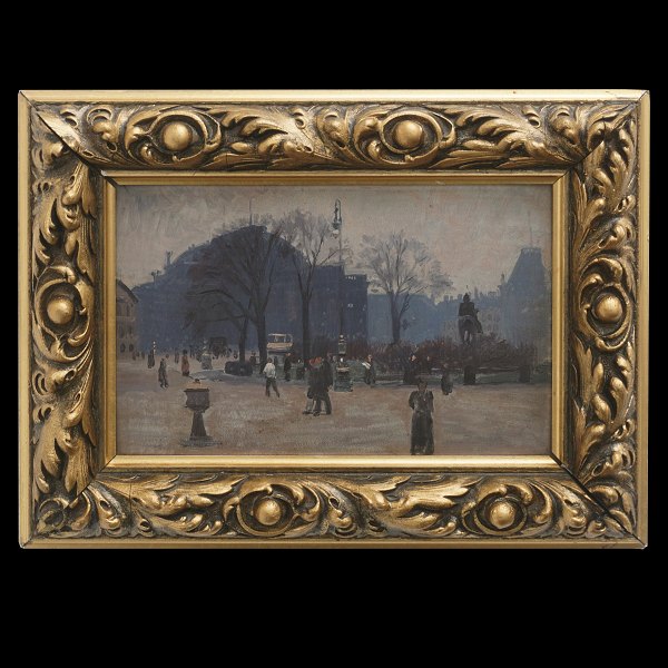 Frants Henningsen, 1850-1908, olie på plade. "Parti fra Kgs. Nytorv 1891". Lysmål:  13x21cm. Med ramme: 22x30cm