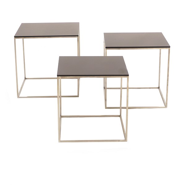 Poul Kjærholm PK set of 3 small tables. Steel with acrylic tops. H: 25, 27 & 28cm. Tops: 25,5x25,5, 27x27 & 28,5x28,5cm