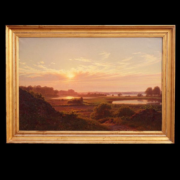 C. A. Kølle landksabsmaleri. C. A. Kølle, 1827-72, olie på lærred. "Udsigt fra Ruinerne af Gurre Slot ved Solnedgang". Signeret og dateret 1859. Udstillet på Charlottenborg 1859. Lysmål: 93x149cm. Med ramme: 117x164cm