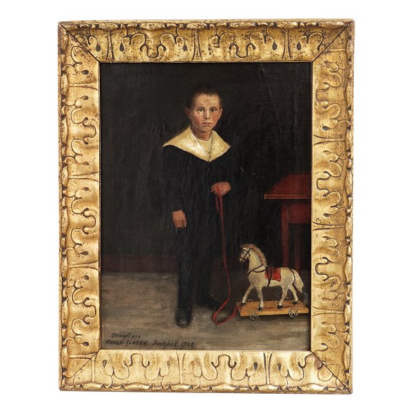 C. L. Jessen barneportræt. Carl Ludwig Jessen, 1833-1917, barneportræt, olie på lærred. Signeret og dateret Deetzbüll 1904. Pæn stand dog med mindre restaureringer. Lysmål: 39x28cm. Med ramme: 50x39cm