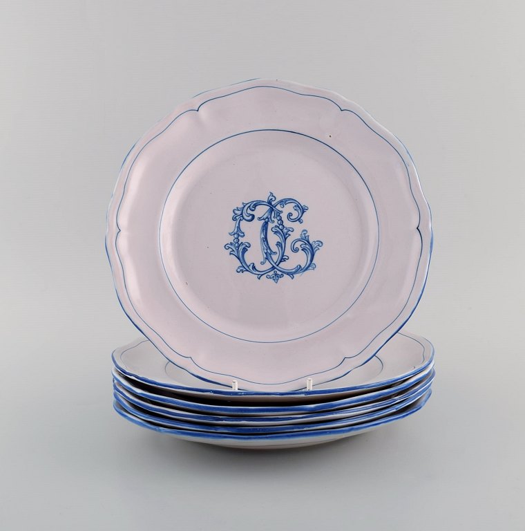 Emile Gallé for St. Clement, Nancy. Six antique plates in hand-painted faience. 1870s / 80s.