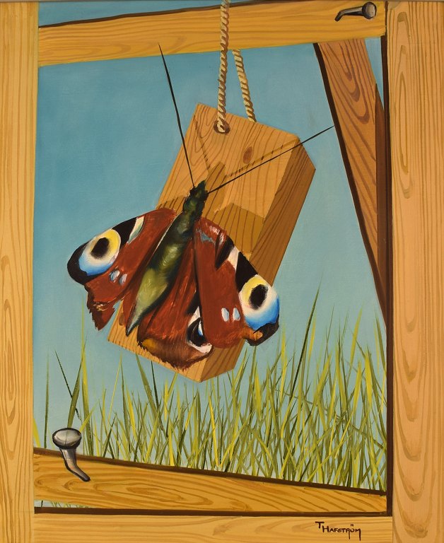Thomas Hafström (f. 1954), svensk kunstner. Olie på lærred. Sommerfugl på træværk. Sent 1900-tallet.