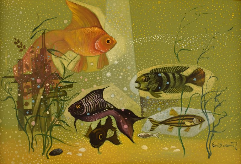 Ove Persson (1925-1999), Swedish artist. Oil on board. "Aquarium". Late 20th century.