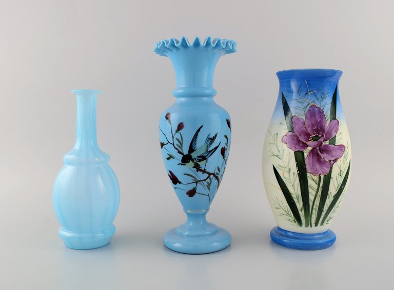 Three antique vases in hand-painted mouth-blown opal art glass in shades of blue and turquoise. Approx. 1900.
