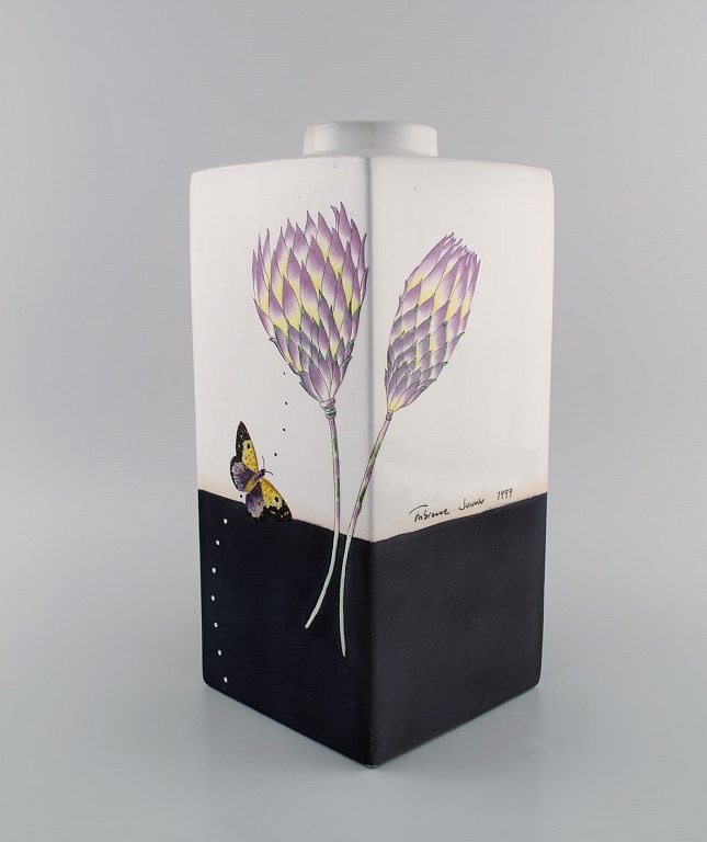 Fabienne Jouvin, Paris. Unique vase in glazed ceramics with hand-painted flowers and butterfly. Dated 1999.